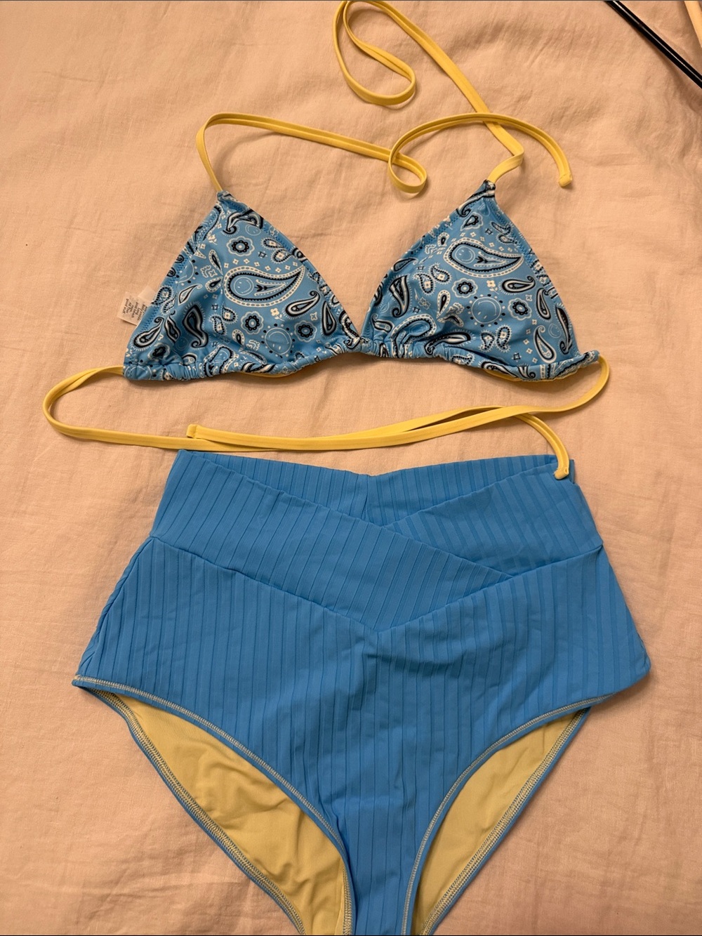 Blue Paisley Triangle Bikini Top & Blue High-Waist Bottoms with Yellow trim